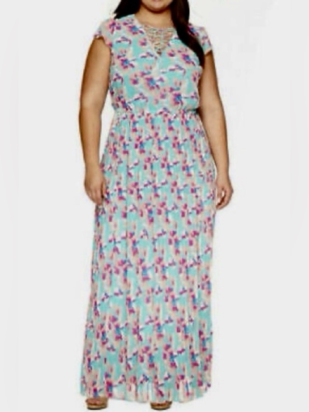 Boutique Ashley Nell Tipton Plus Size Mint Floral Maxi Dress with Lace Detail Ne